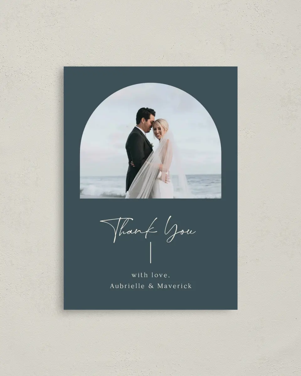 This is a 4" x 5.6" Thank You Postcard called The Aubrielle printed in full color on Soft Touch Finish paper