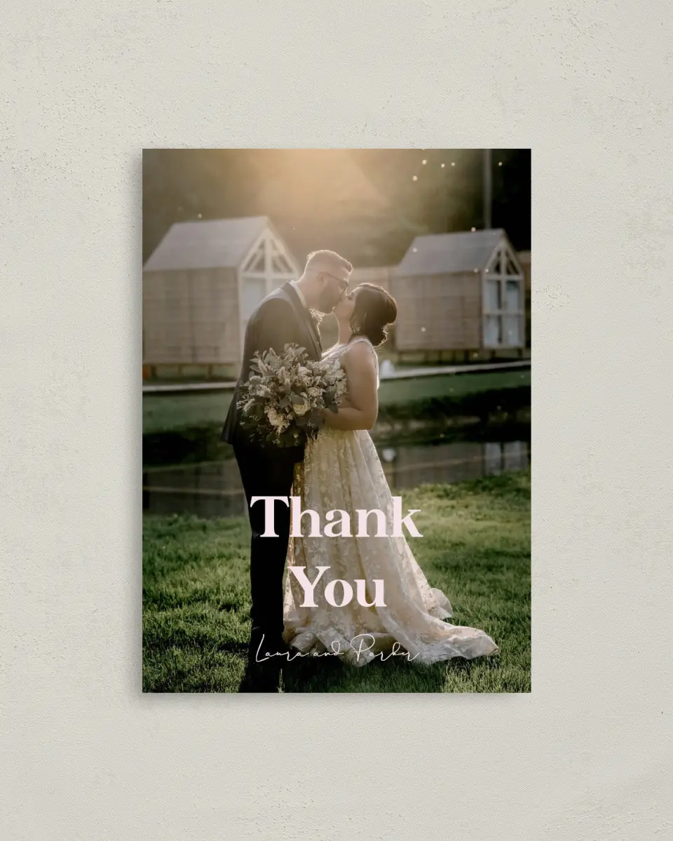 This is a 4" x 5.6" Thank You Postcard called The Laura printed in full color on Soft Touch Finish paper