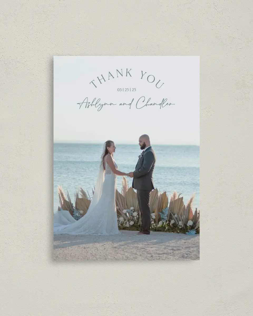 This is a 4" x 5.6" Thank You Postcard called The Ashlynn printed in full color on Soft Touch Finish paper