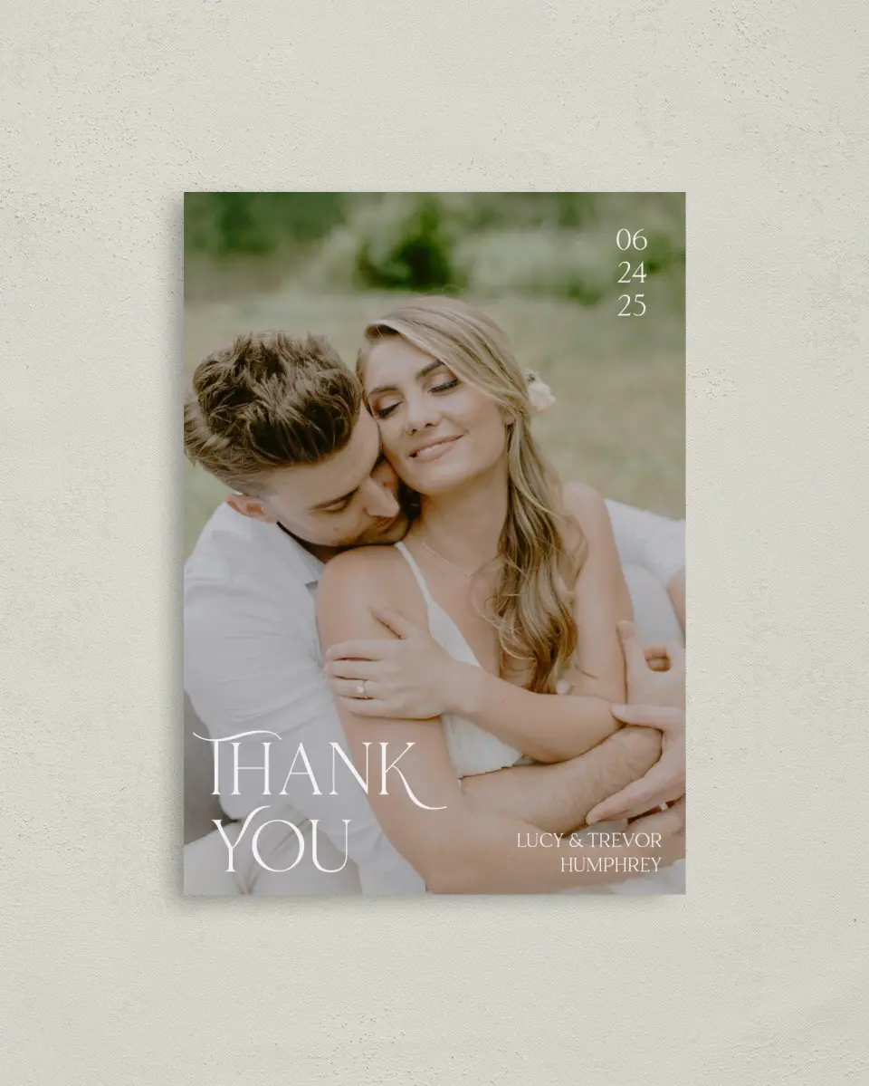 This is a 4" x 5.6" Thank You Postcard called The Lucy printed in full color on Soft Touch Finish paper