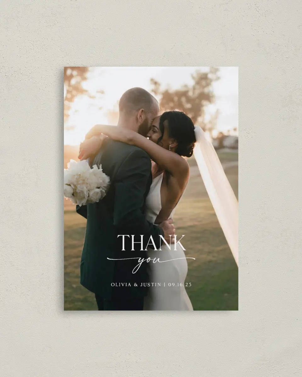 This is a 4" x 5.6" Thank You Postcard called The Olivia printed in full color on Soft Touch Finish paper