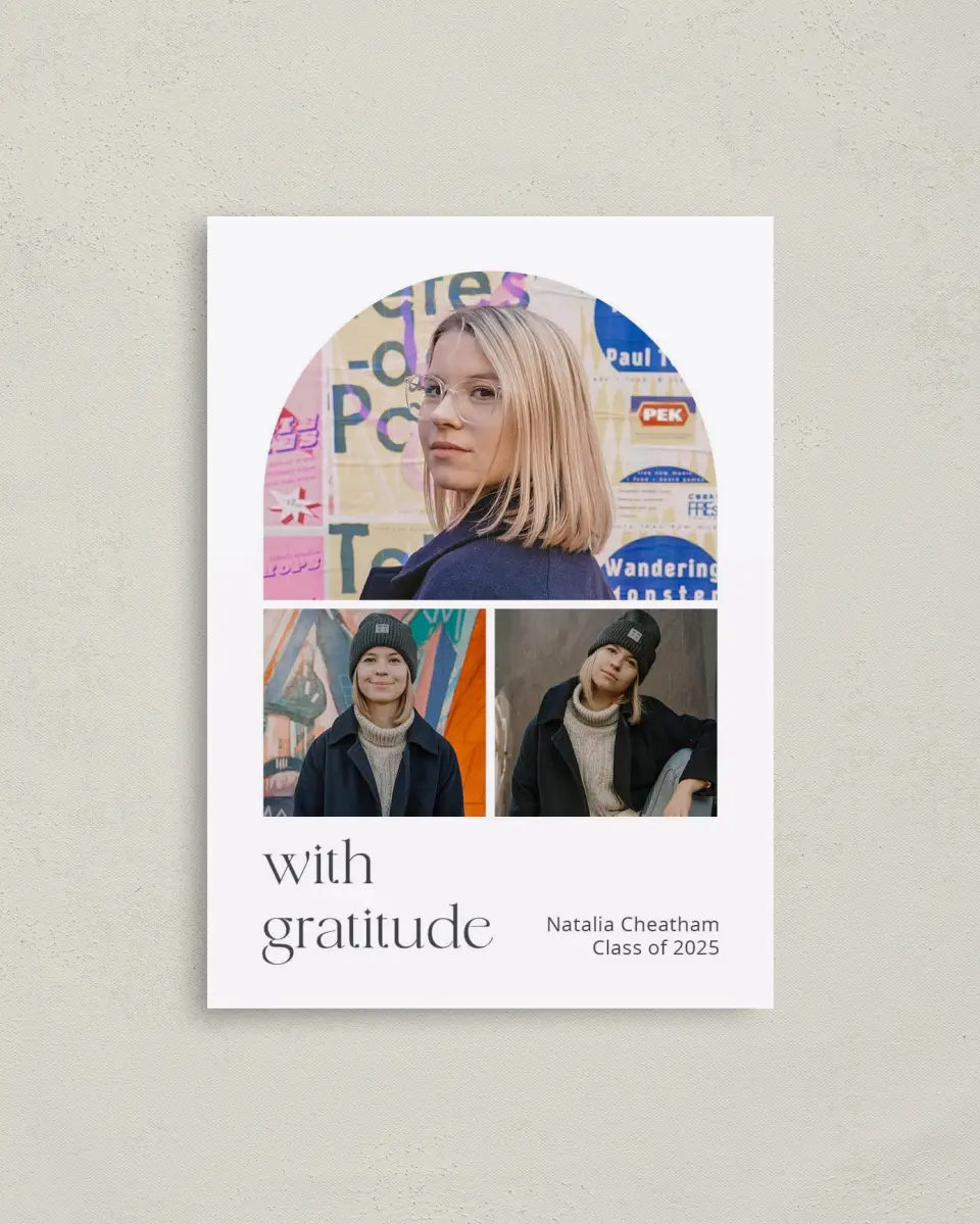 This is a 4" x 5.6" Graduation Thank You Postcard called The Graduate printed in full color on Soft Touch Finish paper