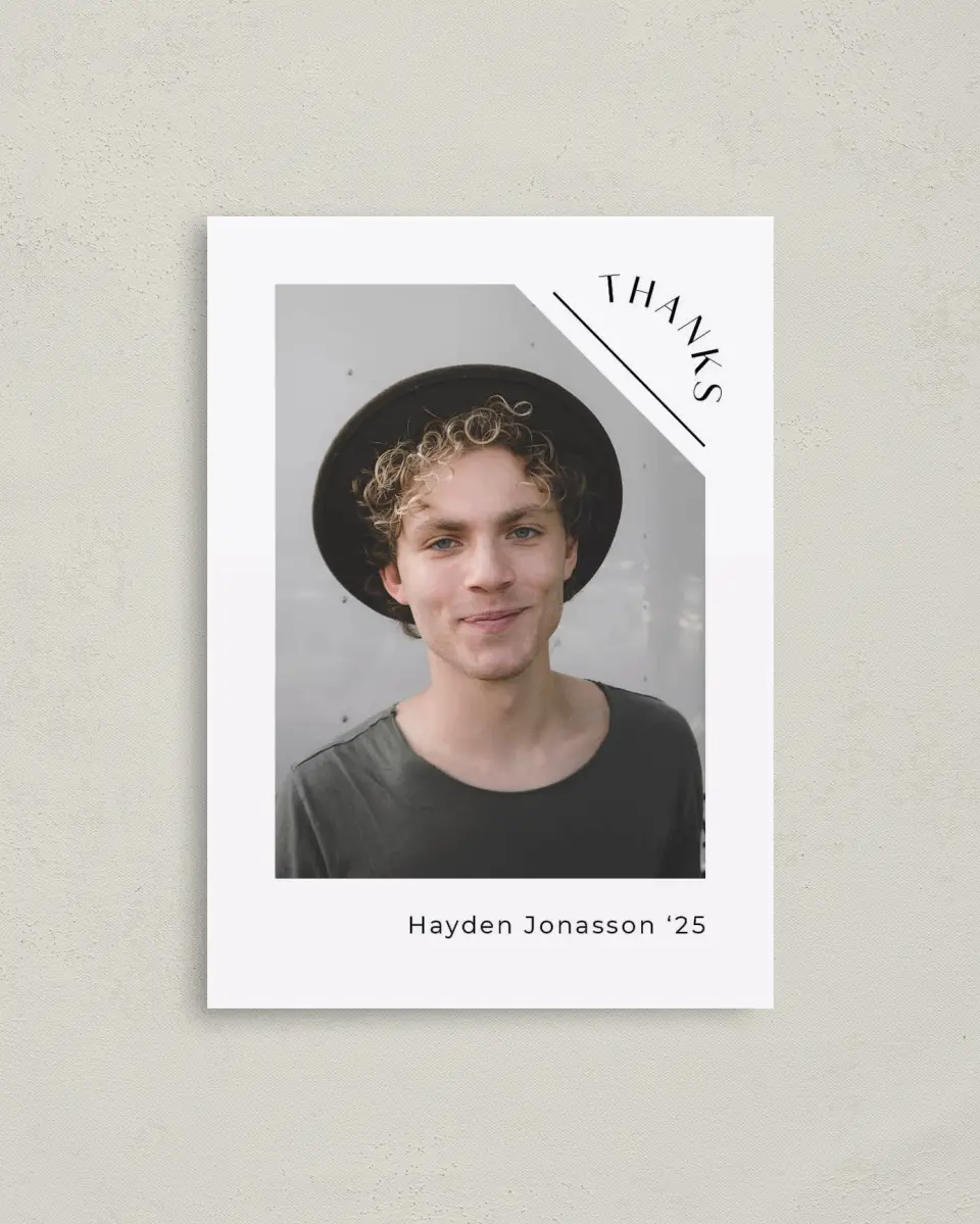 This is a 4" x 5.6" Graduation Thank You Postcard called Slice of Success printed in full color on Soft Touch Finish paper