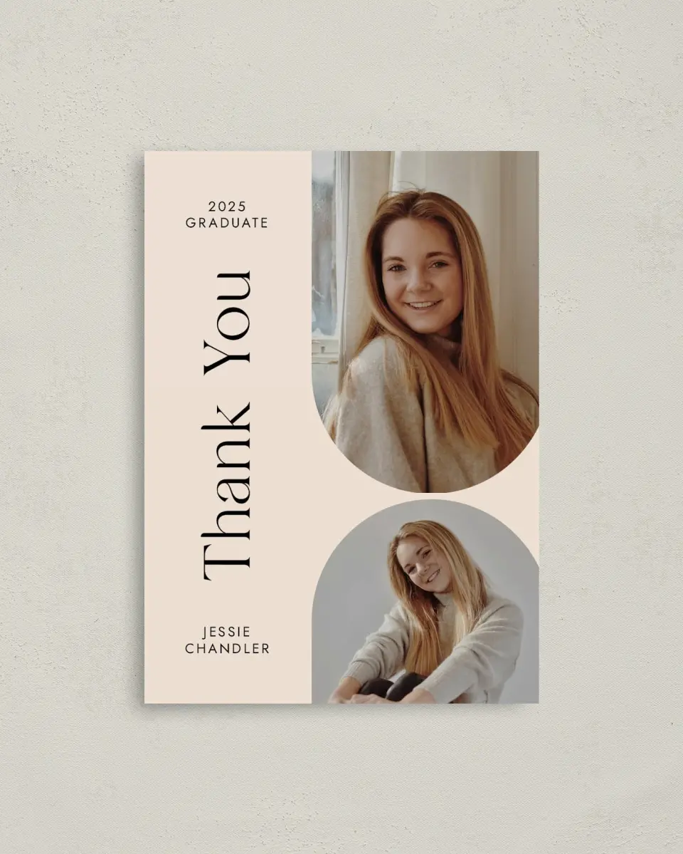 This is a 4" x 5.6" Graduation Thank You Postcard called Dynamic Duo printed in full color on Soft Touch Finish paper