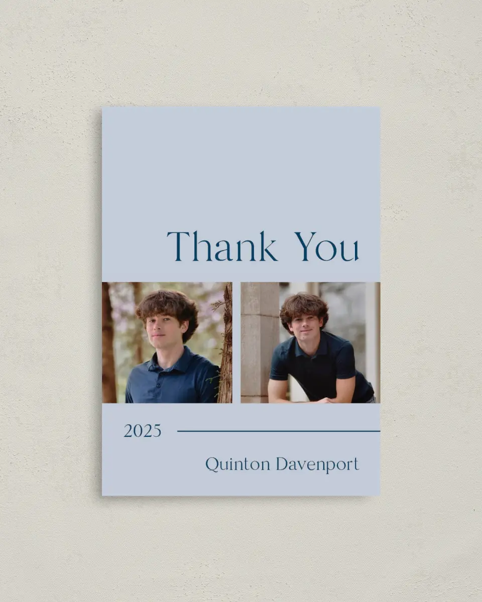 This is a 4" x 5.6" Graduation Thank You Postcard called Honored Grad printed in full color on Soft Touch Finish paper