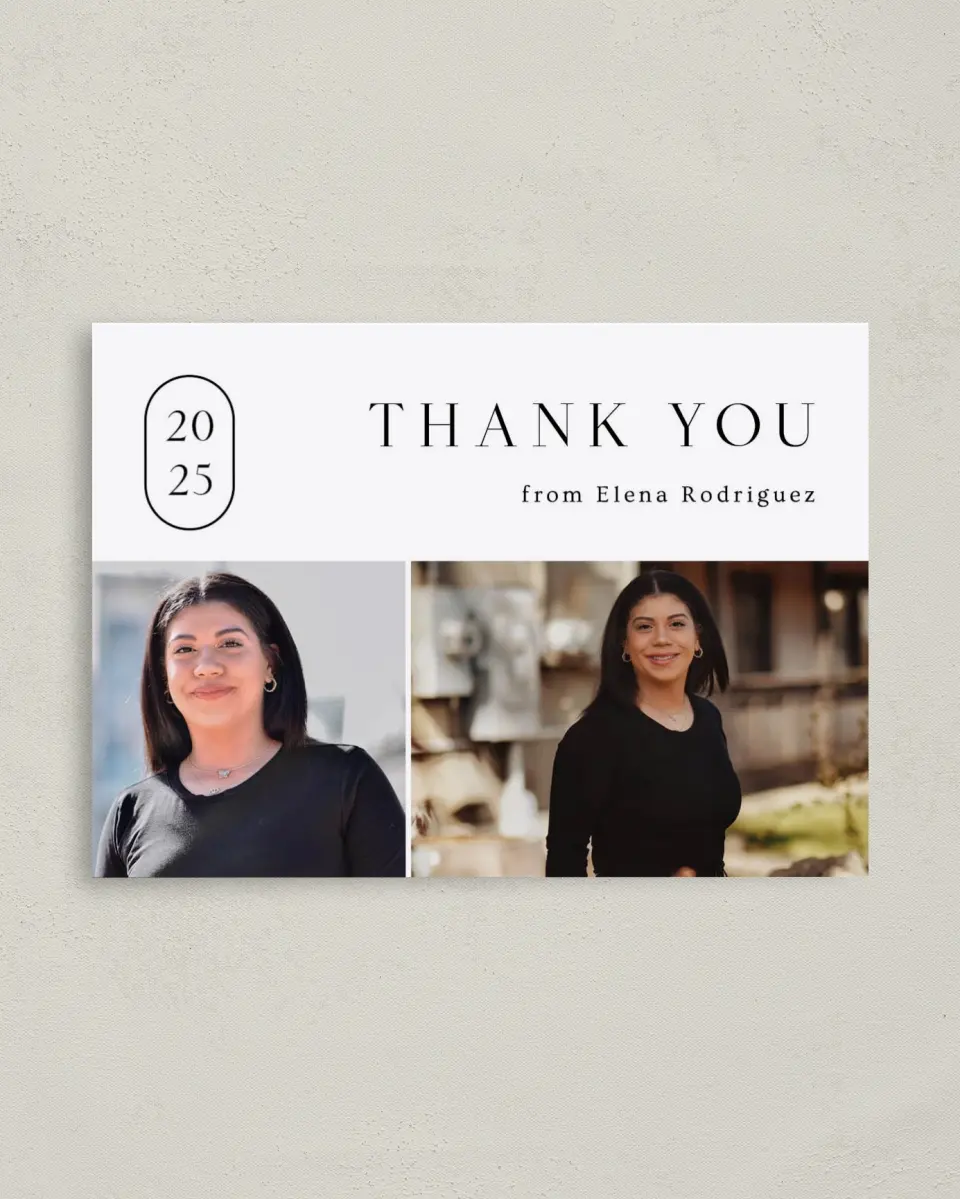 This is a 4" x 5.6" Graduation Thank You Postcard called Badge of Honor printed in full color on Soft Touch Finish paper