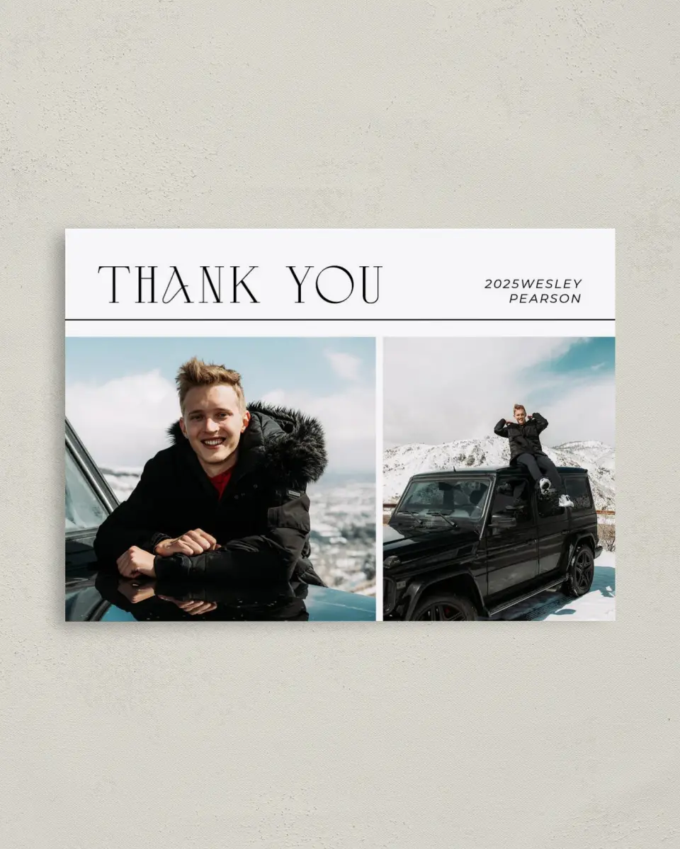 This is a 4" x 5.6" Graduation Thank You Postcard called Big Finish printed in full color on Soft Touch Finish paper