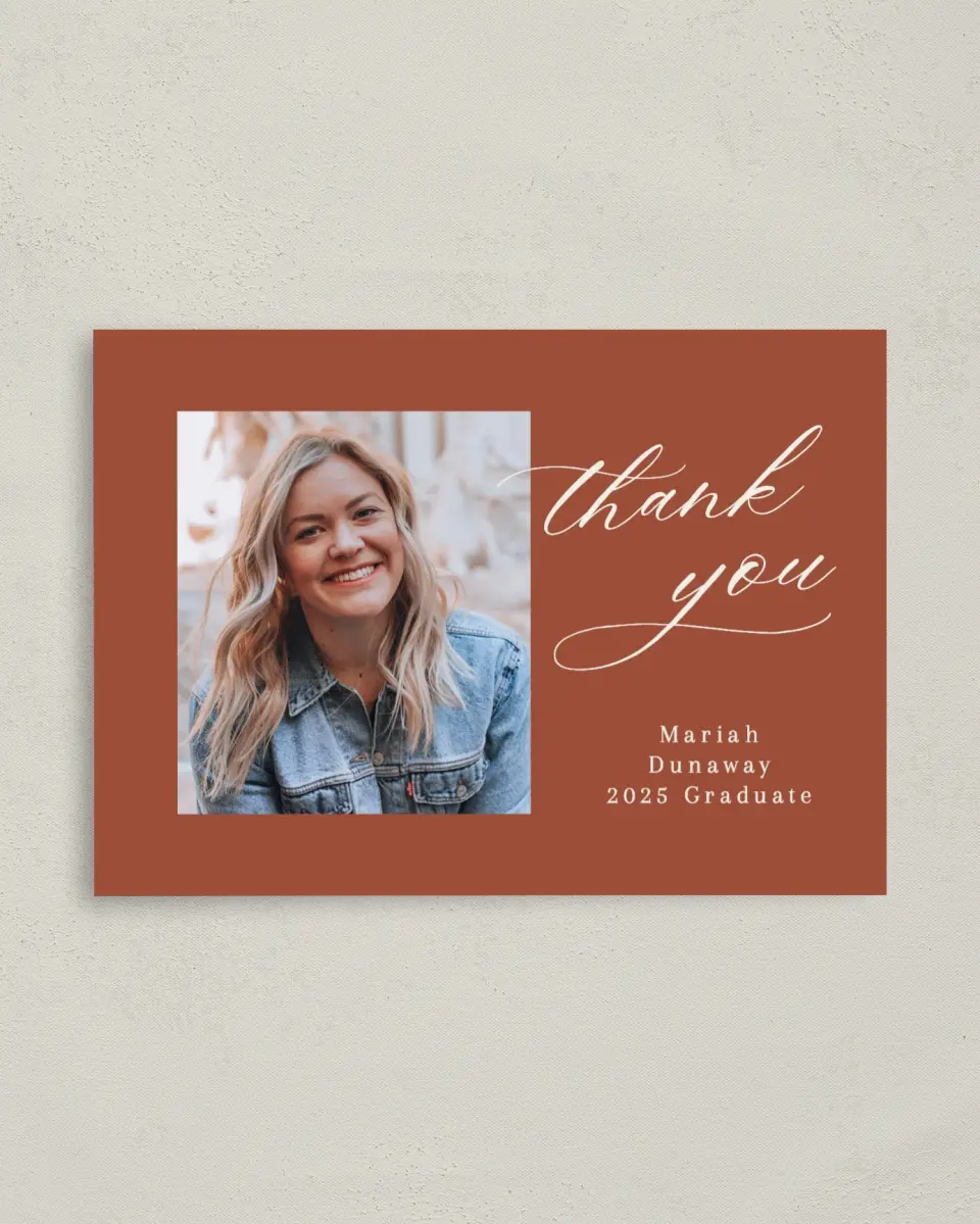 This is a 4" x 5.6" Graduation Thank You Postcard called Scripted Scholar printed in full color on Soft Touch Finish paper