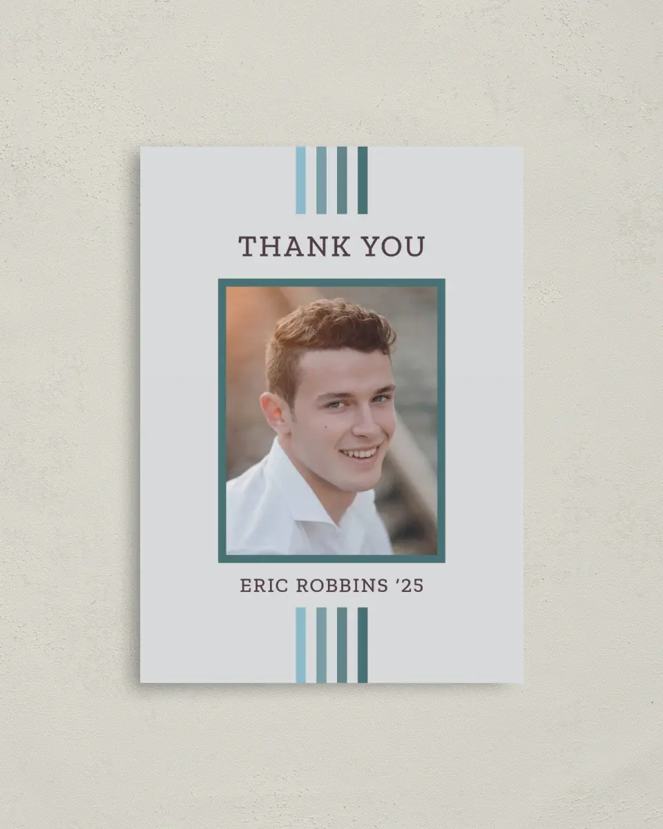 This is a 4" x 5.6" Graduation Thank You Postcard called Successful Stripes printed in full color on Soft Touch Finish paper