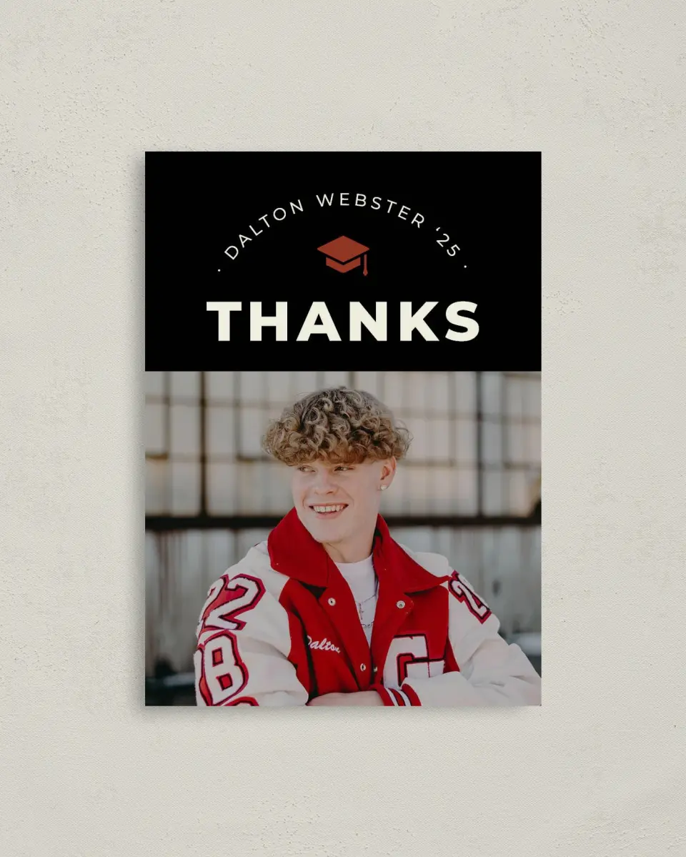 This is a 4" x 5.6" Graduation Thank You Postcard called Cool & Classic printed in full color on Soft Touch Finish paper