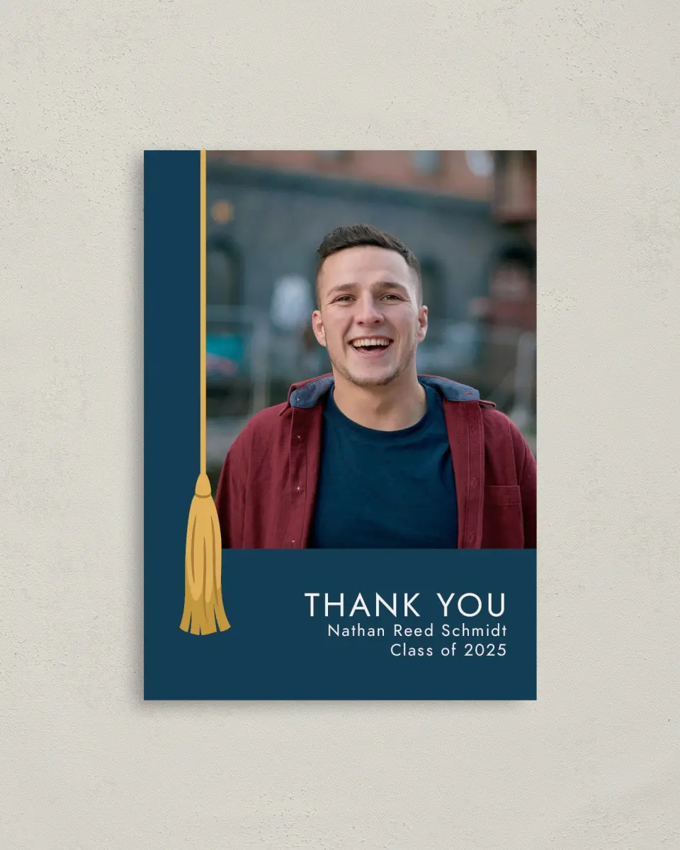 This is a 4" x 5.6" Graduation Thank You Postcard called Grad Tassel printed in full color on Soft Touch Finish paper