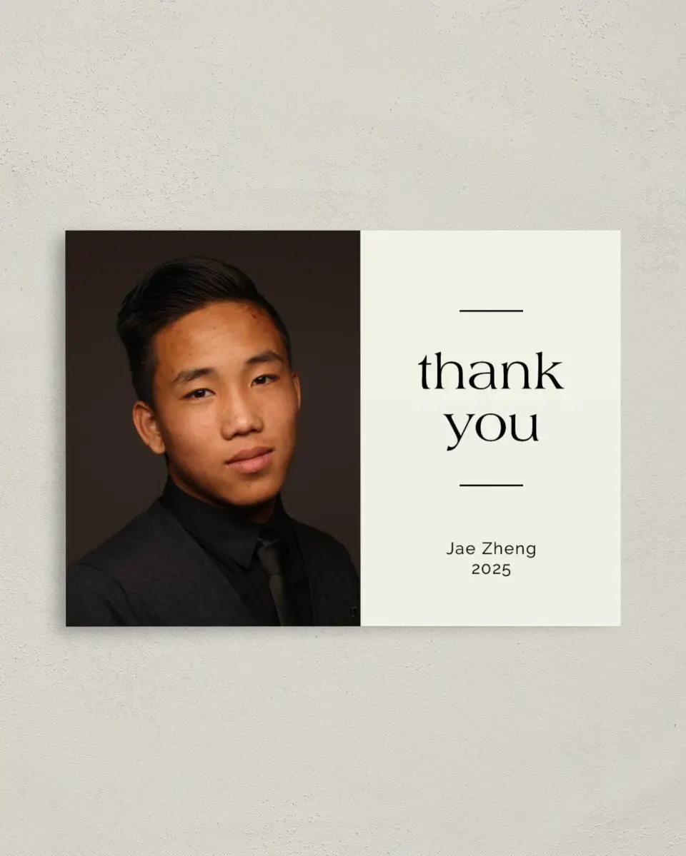 This is a 4" x 5.6" Graduation Thank You Postcard called Grand Milestone printed in full color on Soft Touch Finish paper