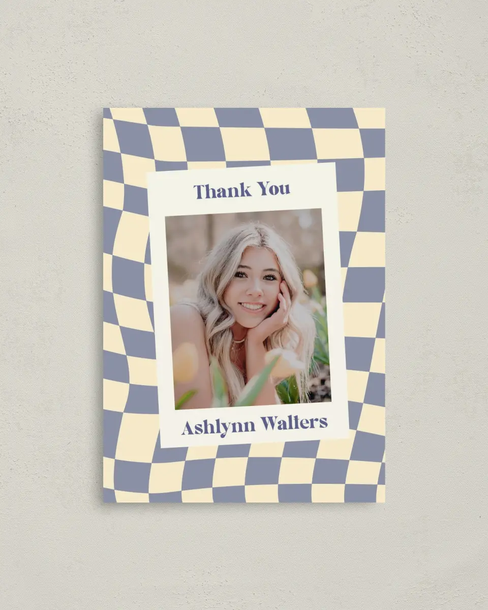 This is a 4" x 5.6" Graduation Thank You Postcard called Checkered Credit printed in full color on Soft Touch Finish paper