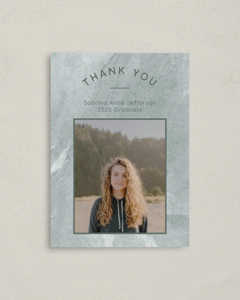 This is a 4" x 5.6" Graduation Thank You Postcard called Fresh Four printed in full color on Soft Touch Finish paper