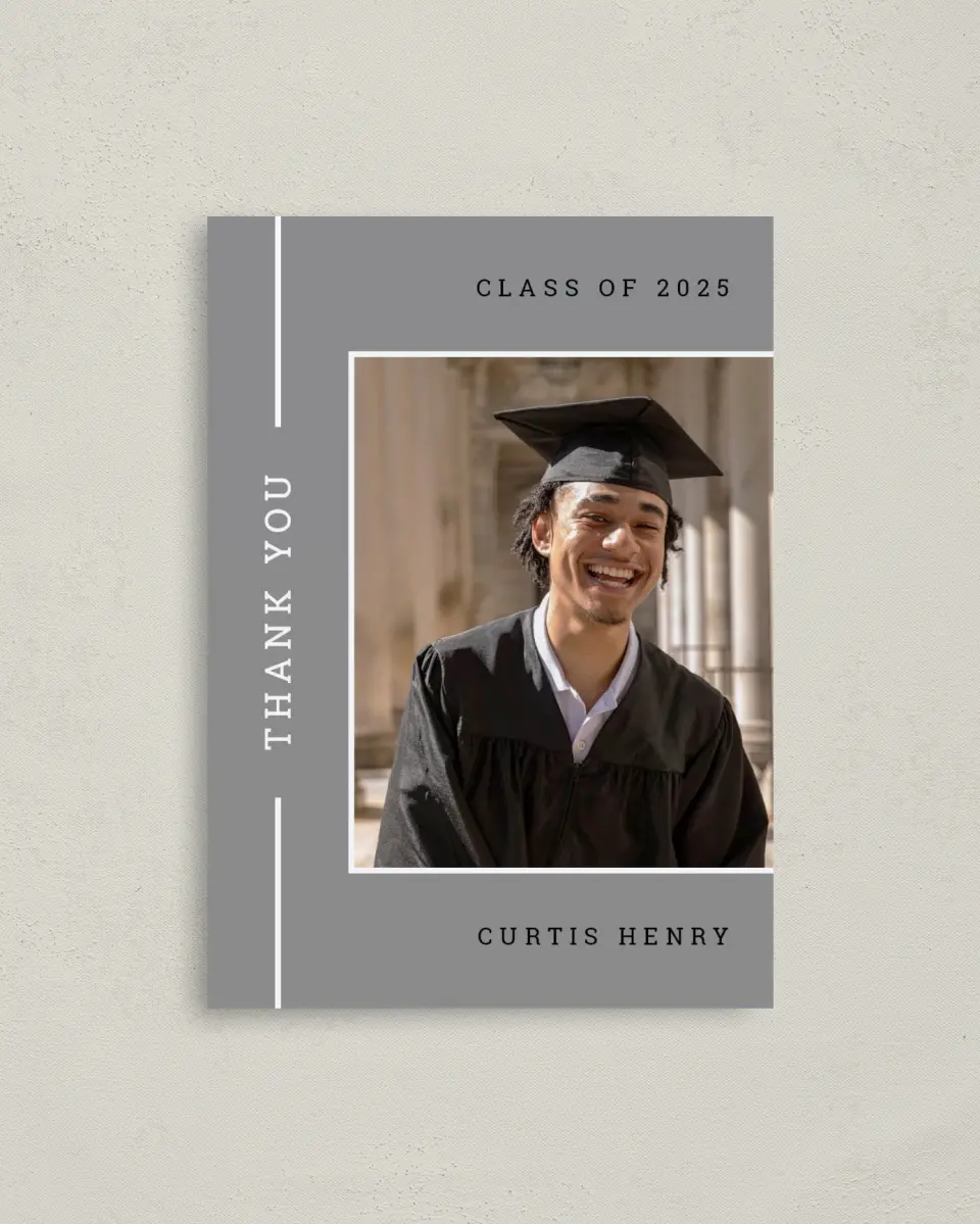 This is a 4" x 5.6" Graduation Thank You Postcard called Serious Scholar printed in full color on Soft Touch Finish paper