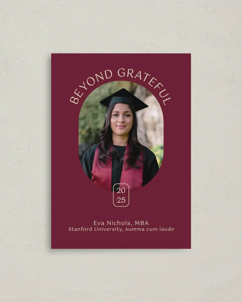 This is a 4" x 5.6" Graduation Thank You Postcard called Worth the Hassle printed in full color with Rose Gold foil on Soft Touch Finish paper