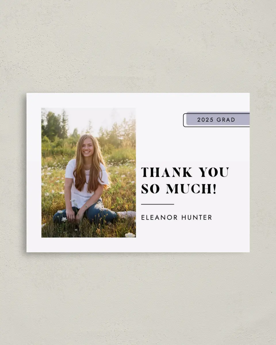 This is a 4" x 5.6" Graduation Thank You Postcard called Fresh Start printed in full color on Soft Touch Finish paper