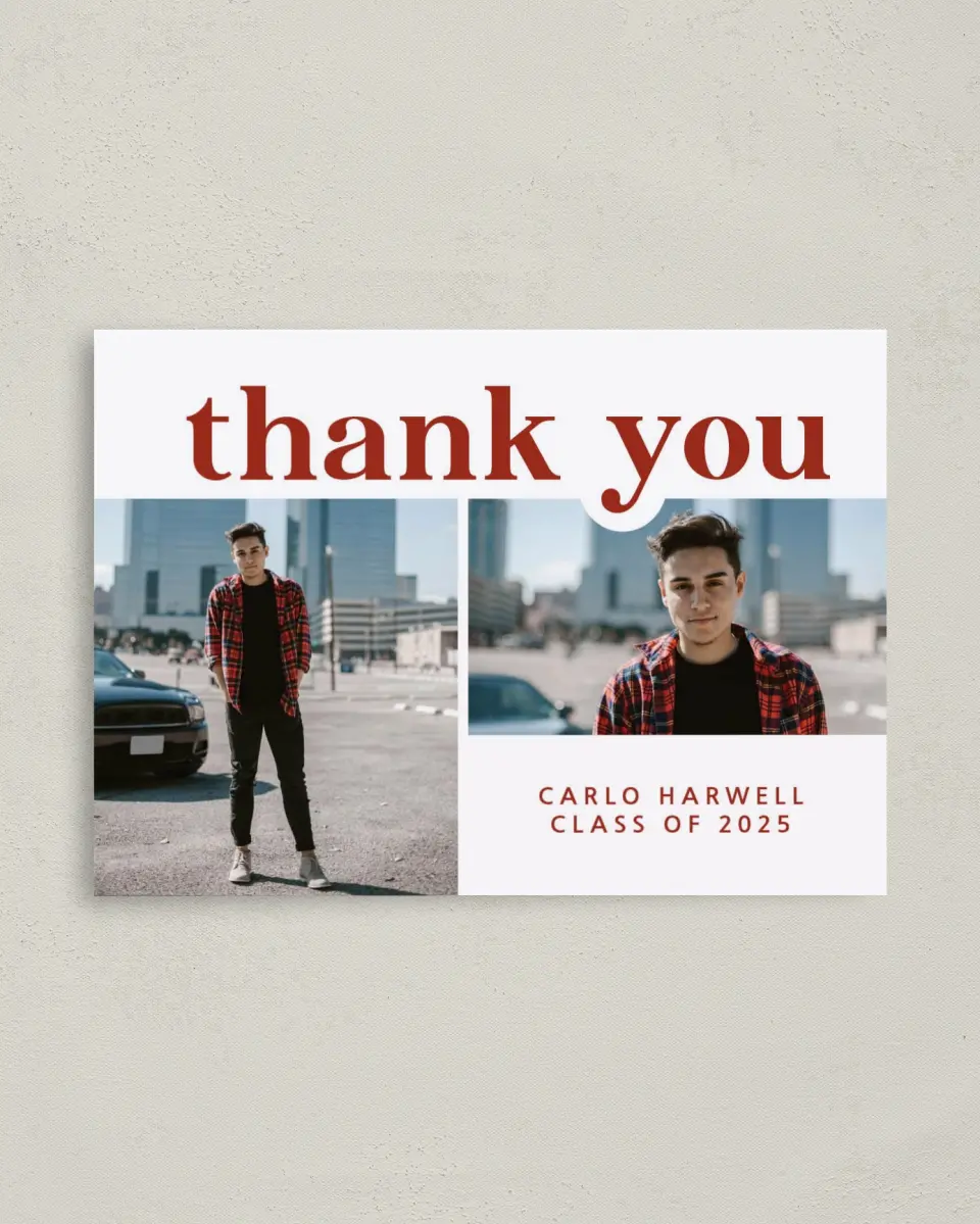 This is a 4" x 5.6" Graduation Thank You Postcard called Daring Grad printed in full color on Soft Touch Finish paper