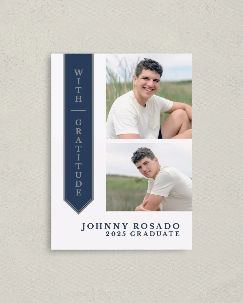This is a 4" x 5.6" Graduation Thank You Postcard called Sophisticated Stole printed in full color on Soft Touch Finish paper