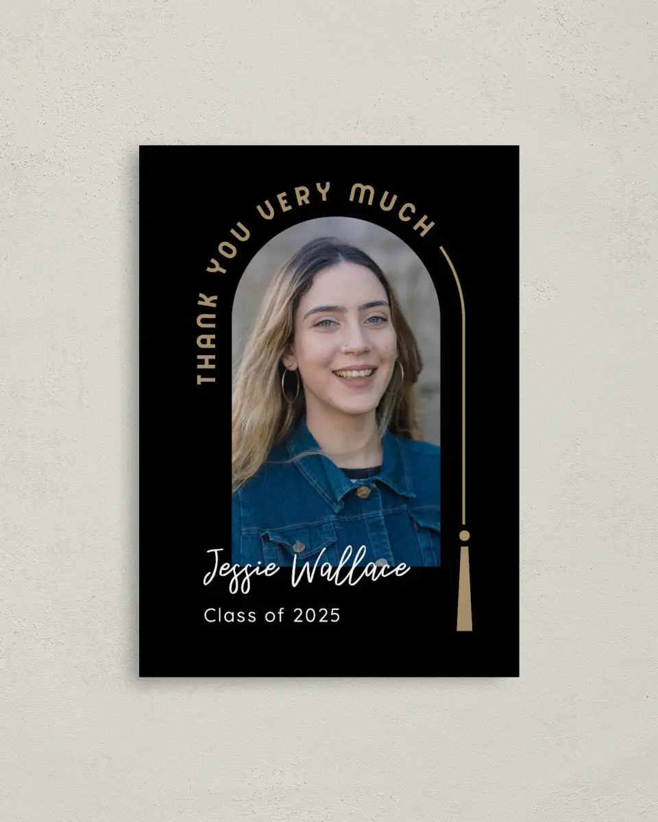 This is a 4" x 5.6" Graduation Thank You Postcard called Timeless Tassel printed in full color on Soft Touch Finish paper