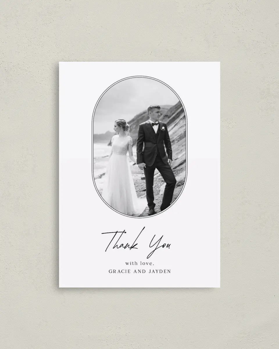 This is a 4" x 5.6" Thank You Postcard called Dramatic Date printed in full color on Soft Touch Finish paper