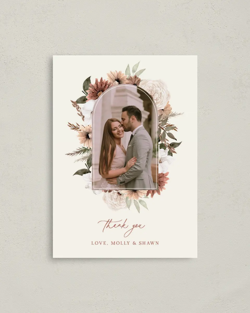 This is a 4" x 5.6" Thank You Postcard called Autumn Blooms printed in full color on Soft Touch Finish paper