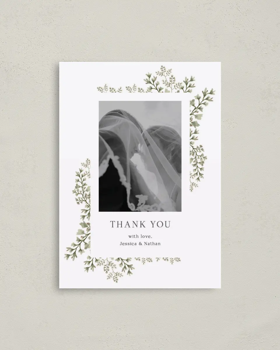 This is a 4" x 5.6" Thank You Postcard called Leaves of Love printed in full color on Soft Touch Finish paper