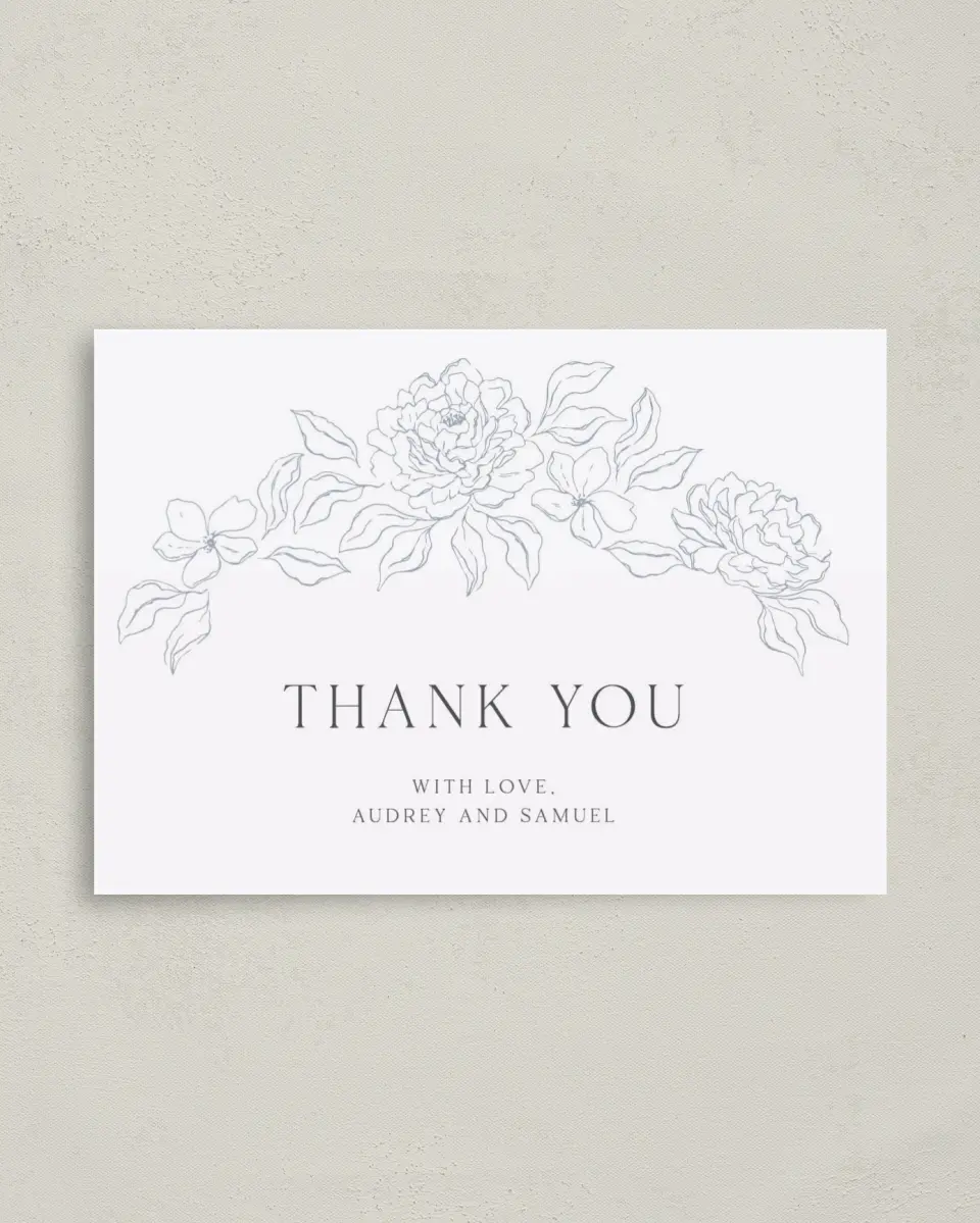 This is a 4" x 5.6" Thank You Postcard called Graceful Petals printed in full color on Soft Touch Finish paper