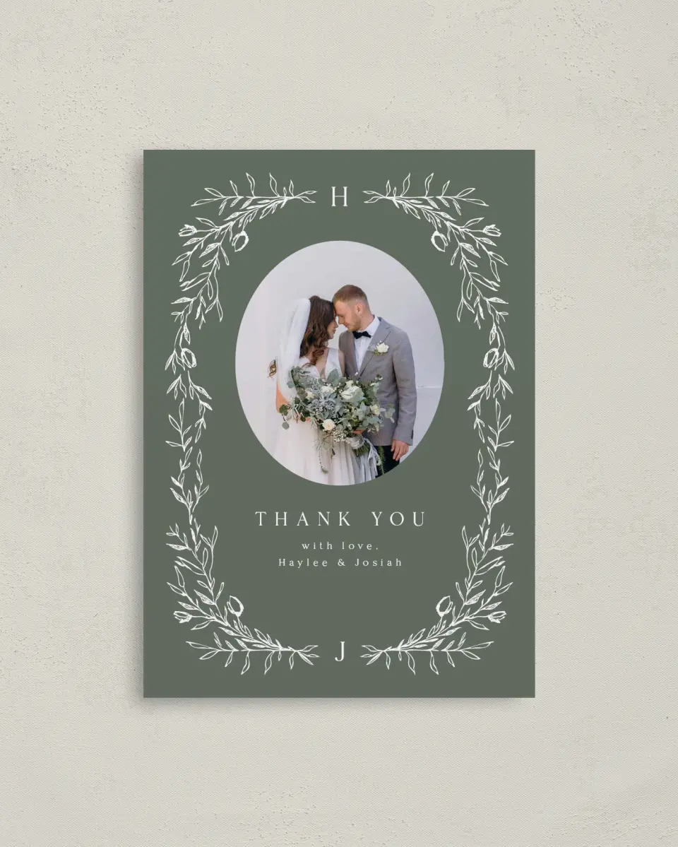 This is a 4" x 5.6" Thank You Postcard called Flourishing Frame printed in full color on Soft Touch Finish paper