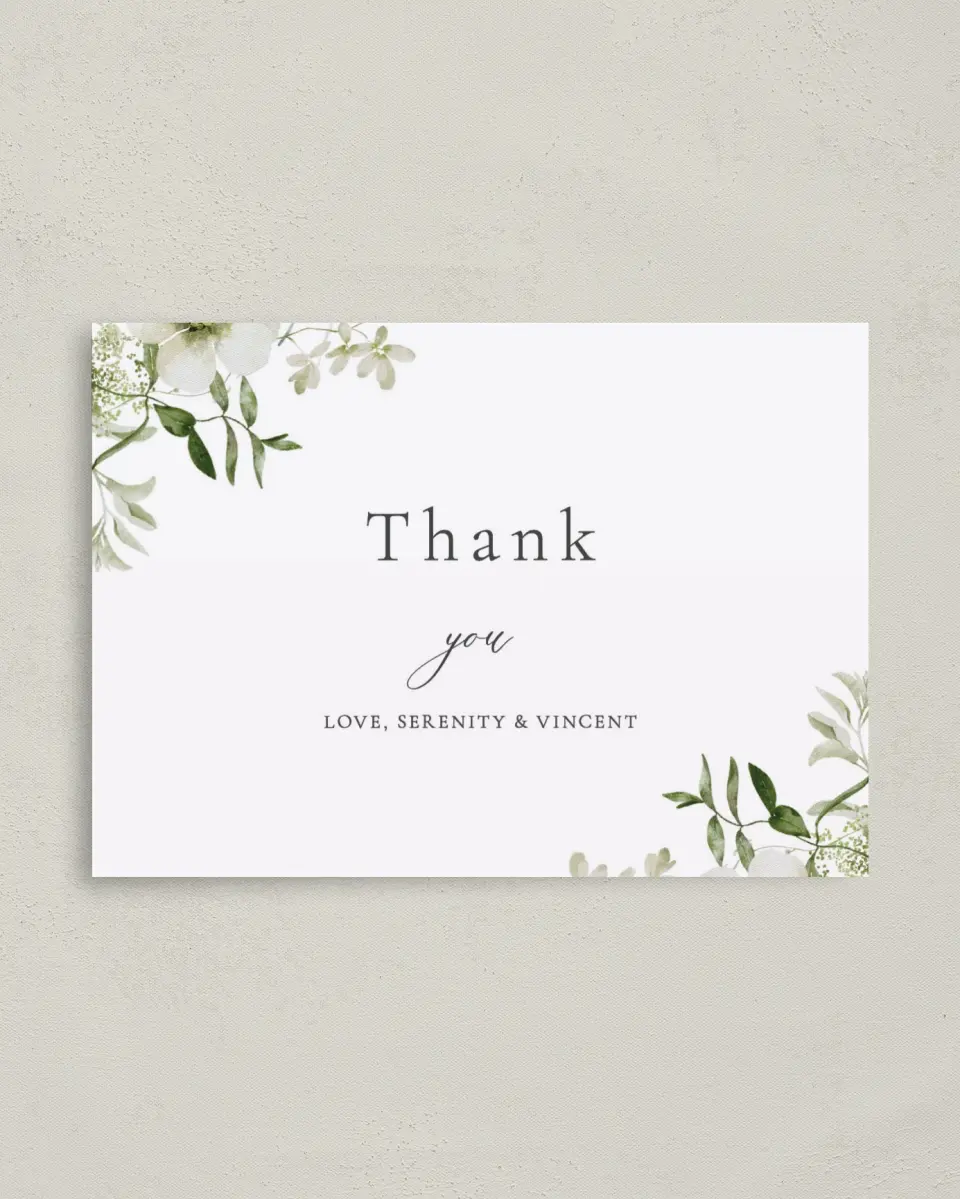 This is a 4" x 5.6" Thank You Postcard called Graceful Greenery printed in full color on Soft Touch Finish paper