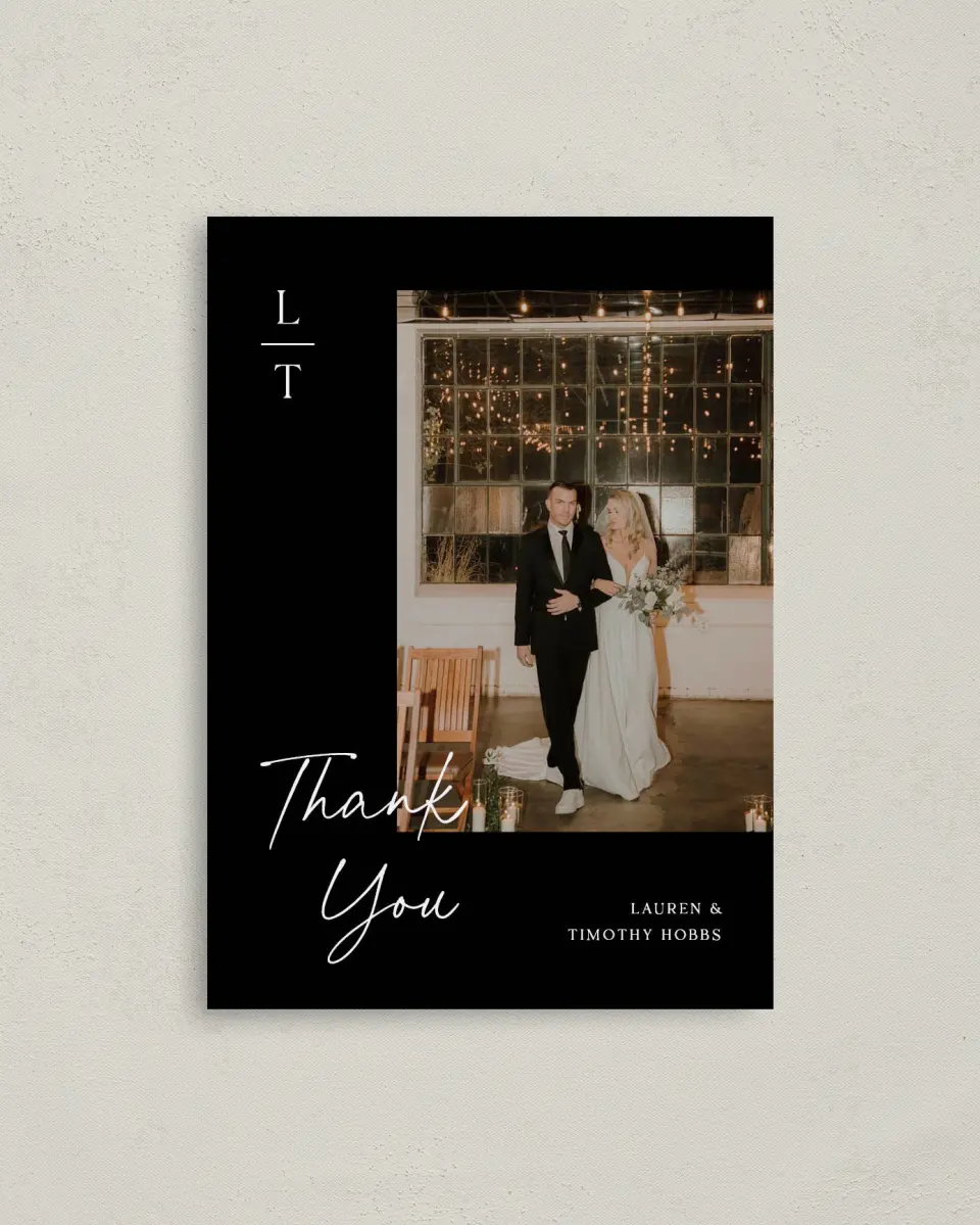 This is a 4" x 5.6" Thank You Postcard called The Lauren printed in full color on Soft Touch Finish paper