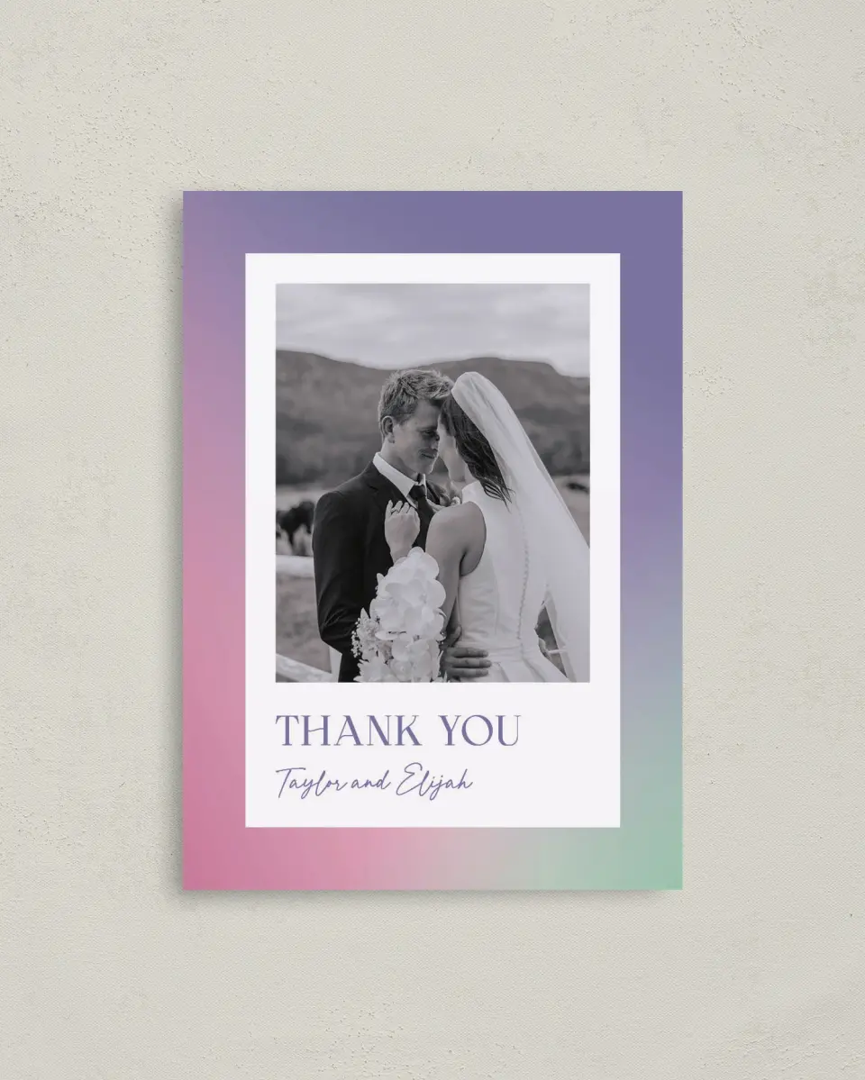 This is a 4" x 5.6" Thank You Postcard called The Taylor printed in full color on Soft Touch Finish paper