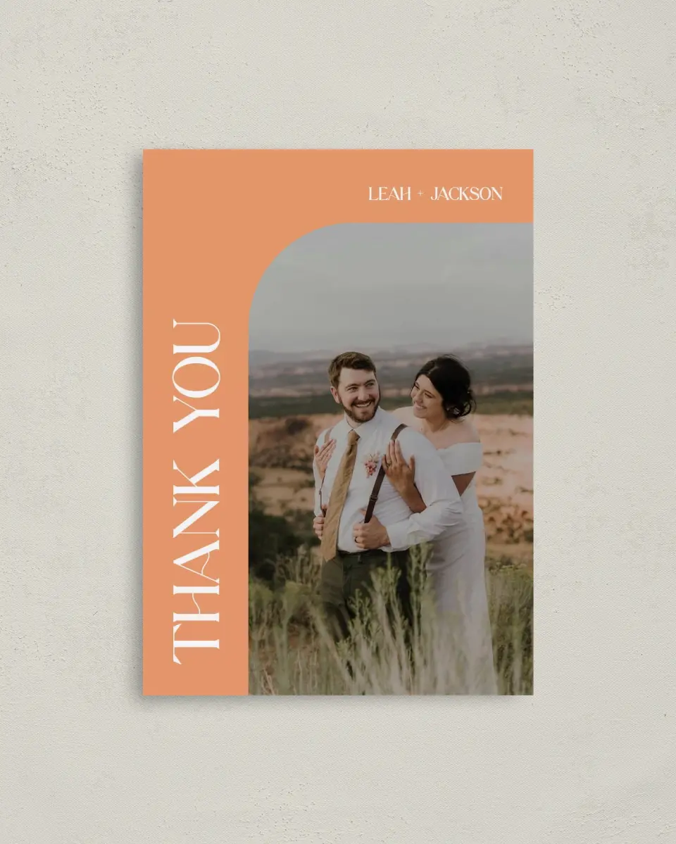 This is a 4" x 5.6" Thank You Postcard called The Leah printed in full color on Soft Touch Finish paper