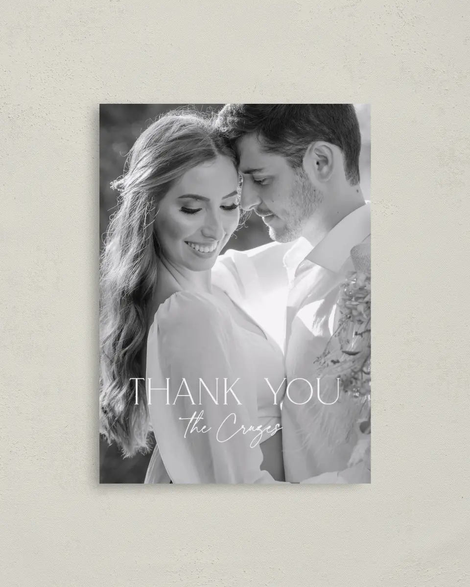 This is a 4" x 5.6" Thank You Postcard called The Caroline printed in full color on Soft Touch Finish paper