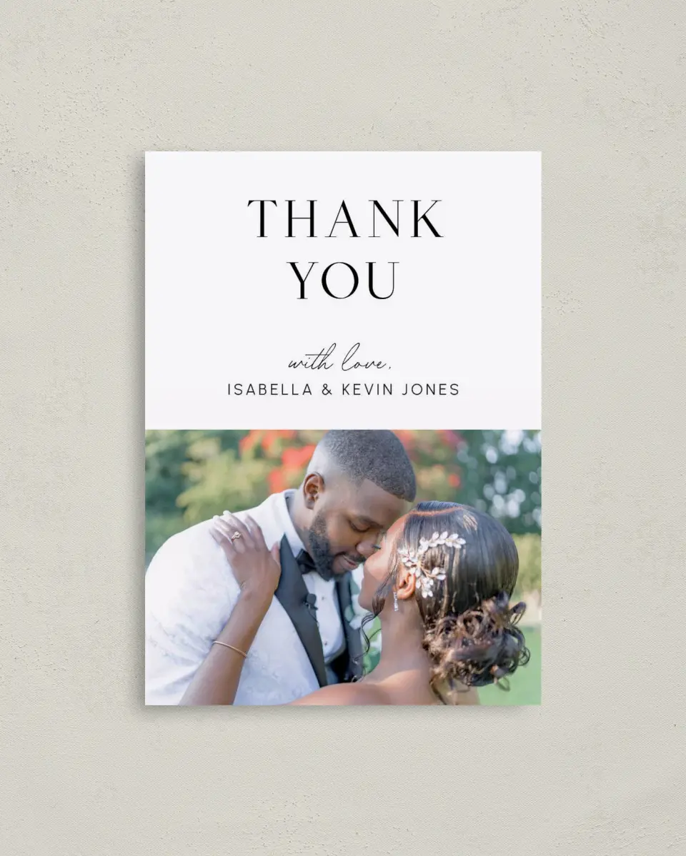 This is a 4" x 5.6" Thank You Postcard called The Isabella printed in full color on Soft Touch Finish paper