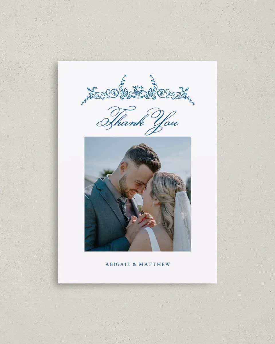 This is a 4" x 5.6" Thank You Postcard called Ornamental Elegance printed in full color on Soft Touch Finish paper