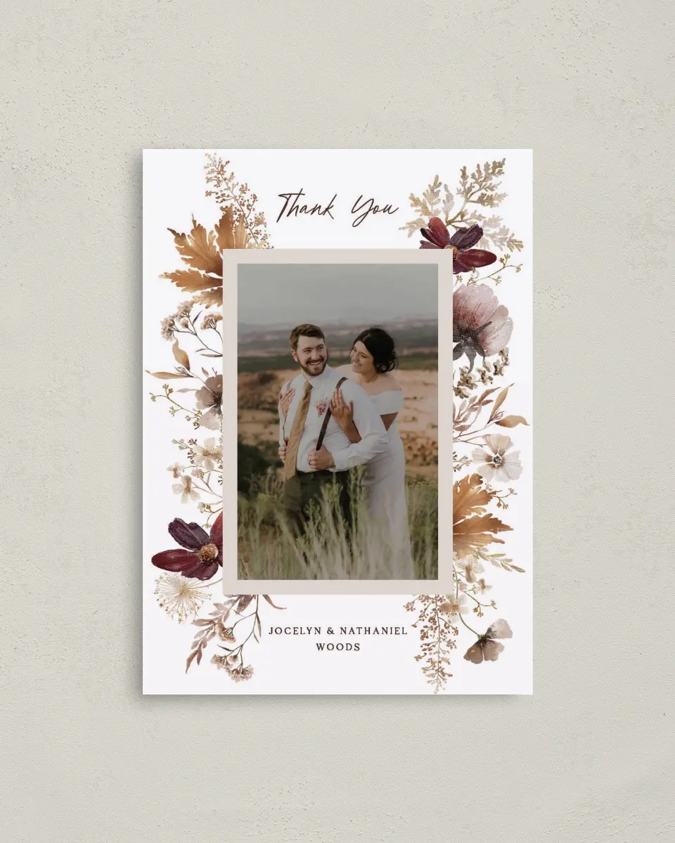 This is a 4" x 5.6" Thank You Postcard called Autumn Wildflowers printed in full color on Soft Touch Finish paper