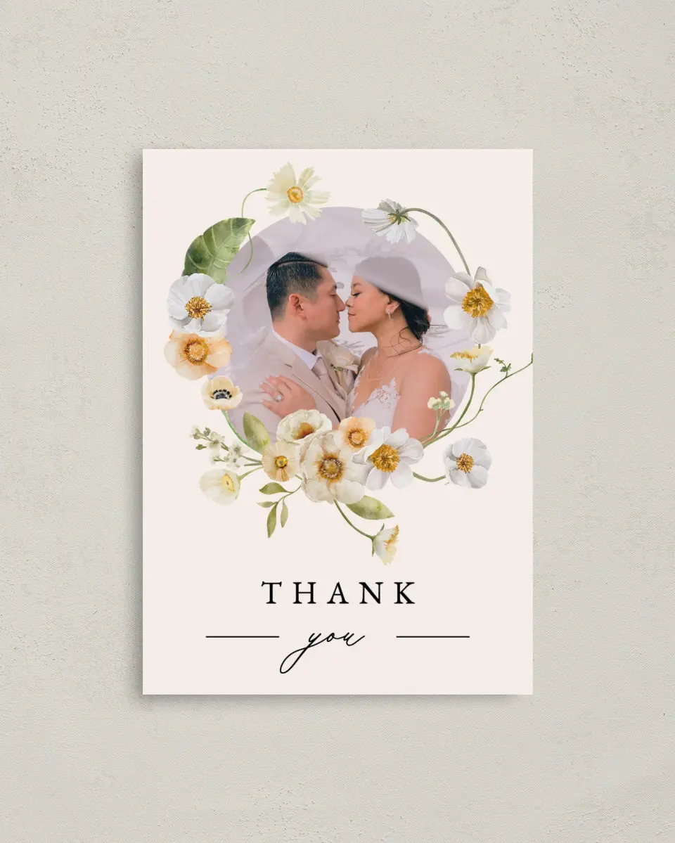 This is a 4" x 5.6" Thank You Postcard called Charming Cosmos printed in full color on Soft Touch Finish paper