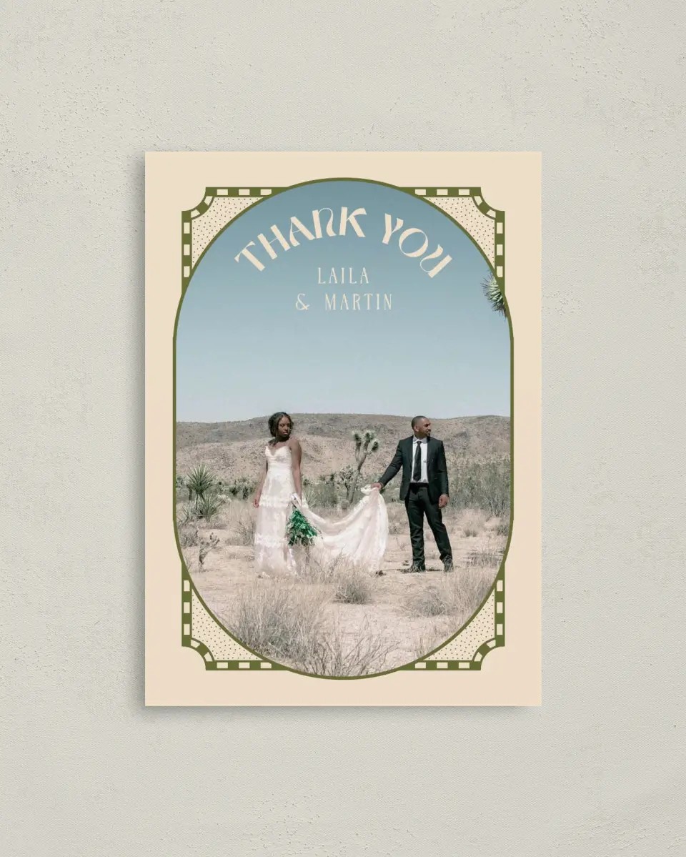 This is a 4" x 5.6" Thank You Postcard called Desert Funk printed in full color on Soft Touch Finish paper