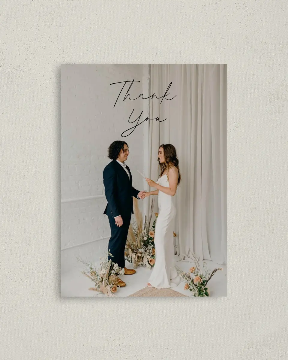 This is a 4" x 5.6" Thank You Postcard called The Samantha printed in full color on Soft Touch Finish paper