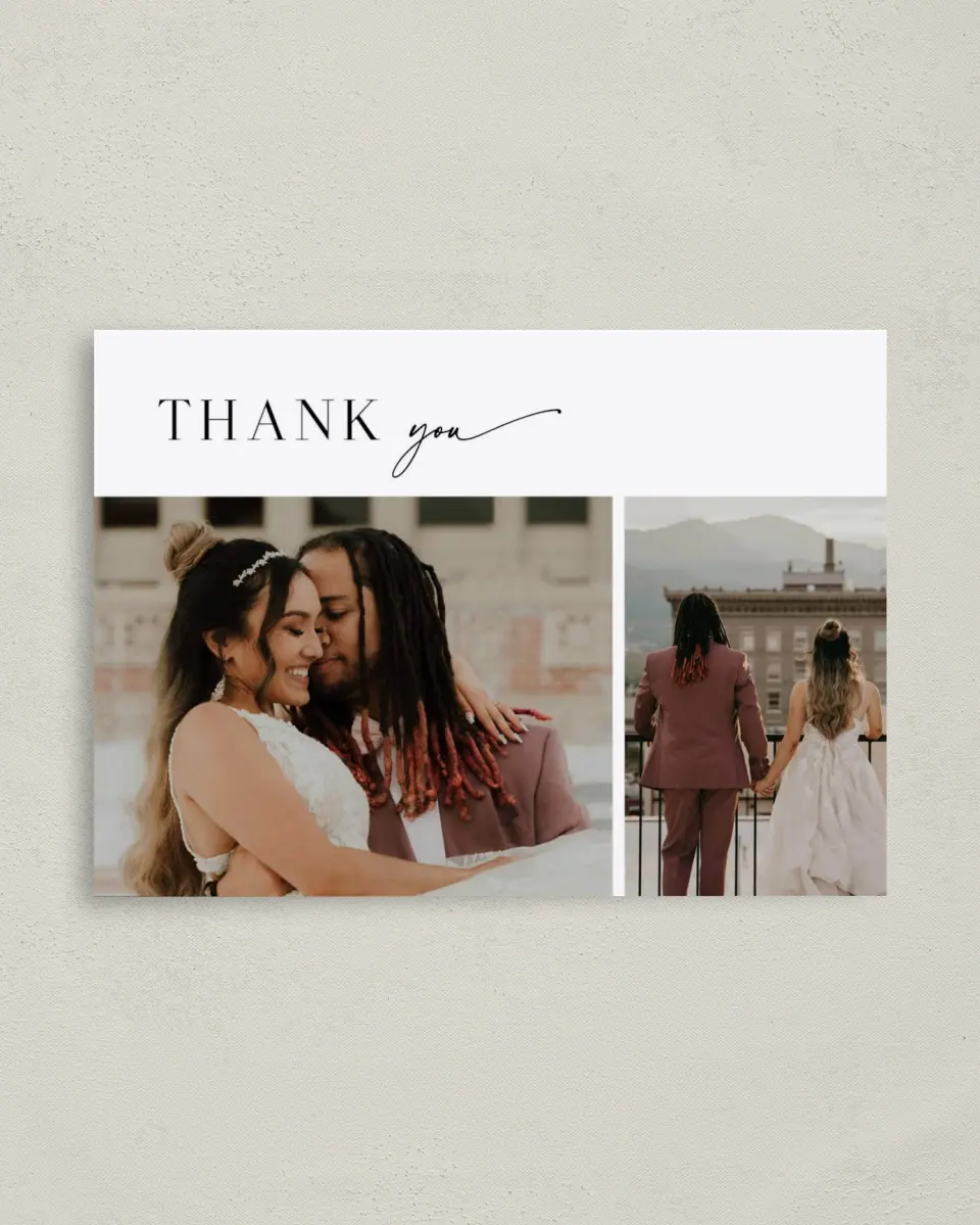 This is a 4" x 5.6" Thank You Postcard called Picturesque printed in full color on Soft Touch Finish paper