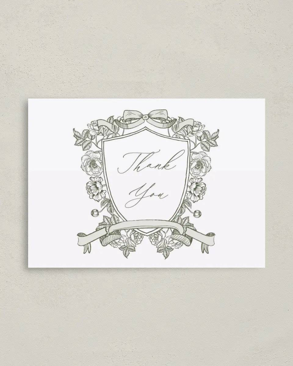 This is a 4" x 5.6" Thank You Postcard called Elegant Crest printed in full color on Soft Touch Finish paper