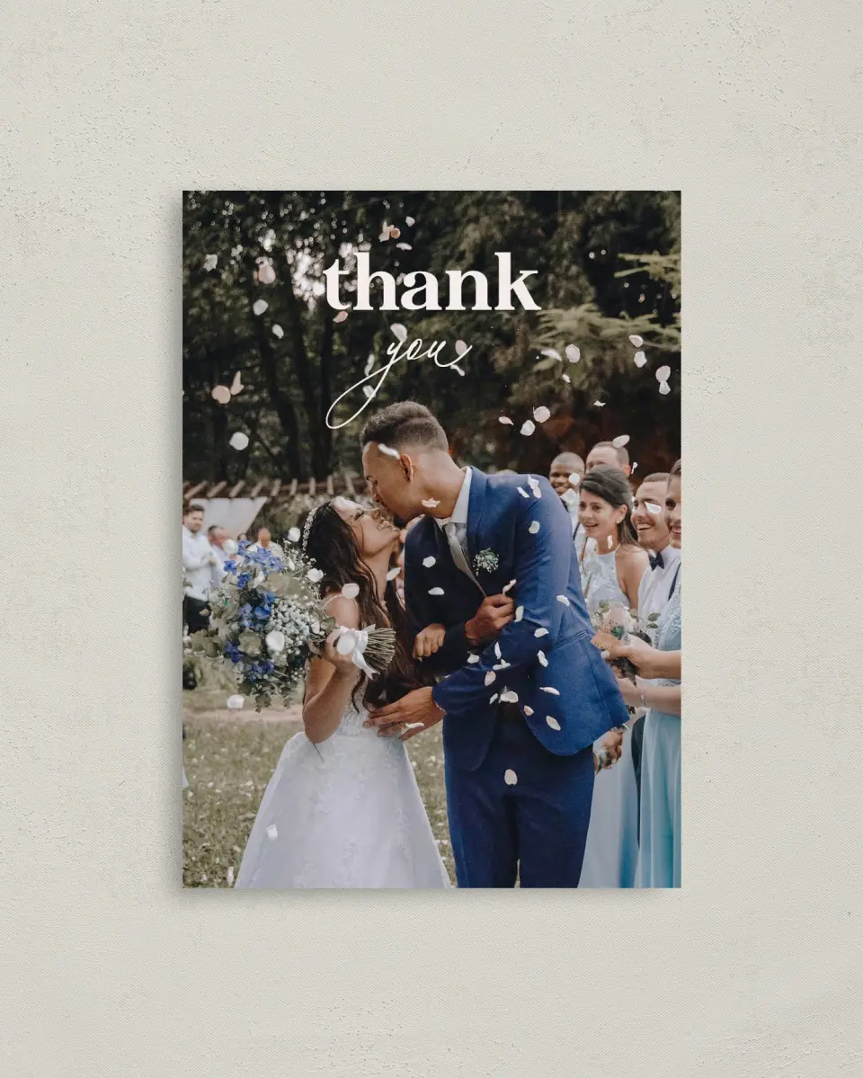 This is a 4" x 5.6" Thank You Postcard called The Kassidy printed in full color on Soft Touch Finish paper