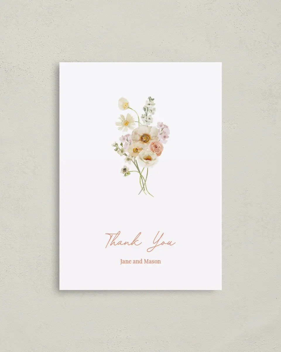 This is a 4" x 5.6" Thank You Postcard called Warm Wildflowers printed in full color on Soft Touch Finish paper