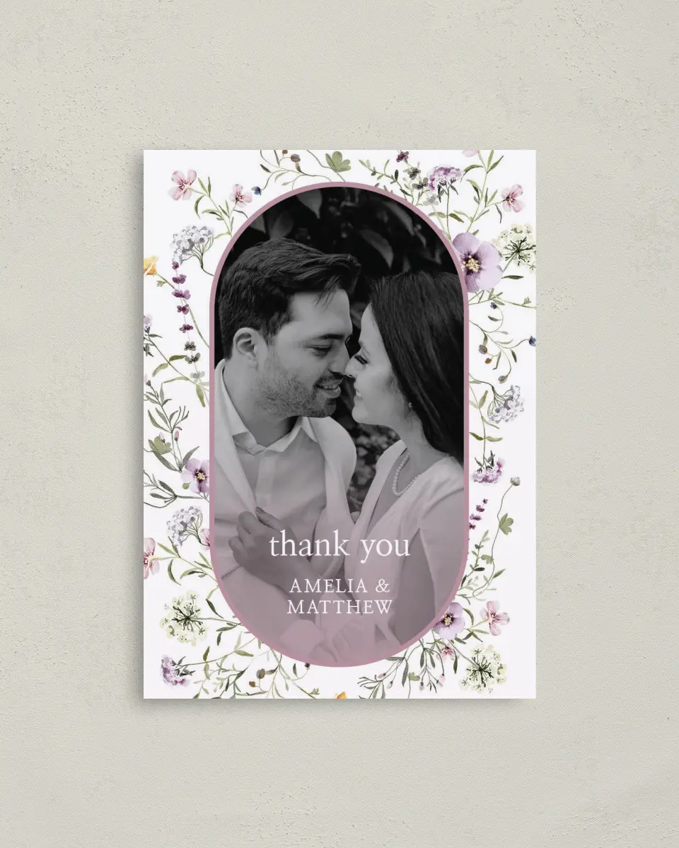 This is a 4" x 5.6" Thank You Postcard called Whimsy Fairytale printed in full color on Soft Touch Finish paper