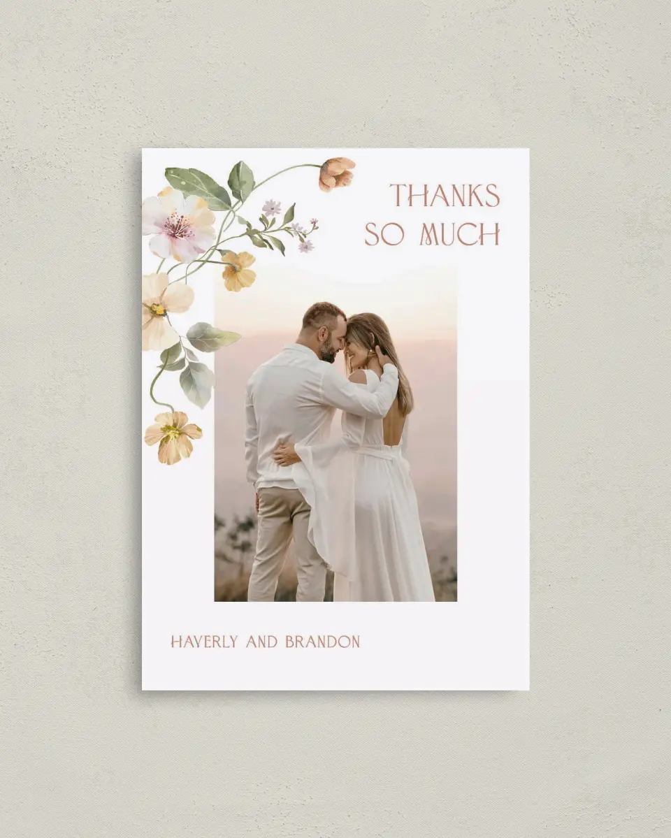 This is a 4" x 5.6" Thank You Postcard called Delicate Garden printed in full color on Soft Touch Finish paper