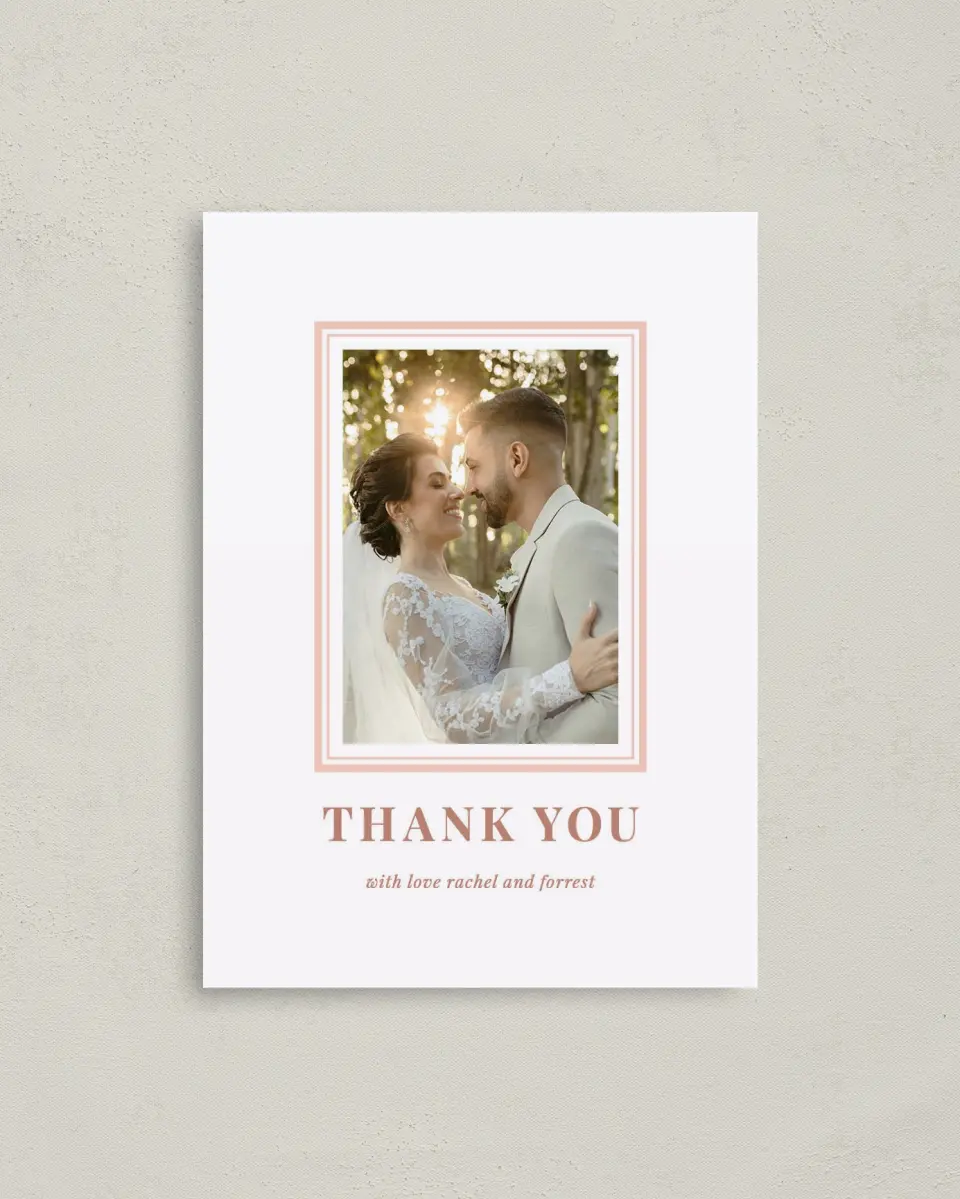 This is a 4" x 5.6" Thank You Postcard called Gorgeous Blush printed in full color on Soft Touch Finish paper