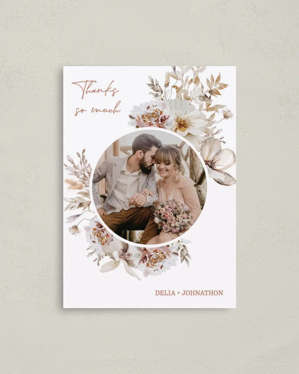 This is a 4" x 5.6" Thank You Postcard called Petal Perfect printed in full color on Soft Touch Finish paper