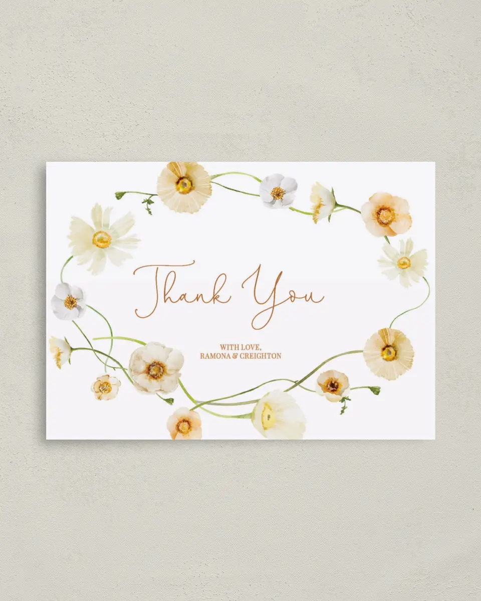 This is a 4" x 5.6" Thank You Postcard called Sultry Sunshine printed in full color on Soft Touch Finish paper