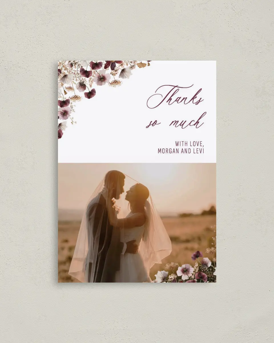 This is a 4" x 5.6" Thank You Postcard called Harvest Meadows printed in full color on Soft Touch Finish paper